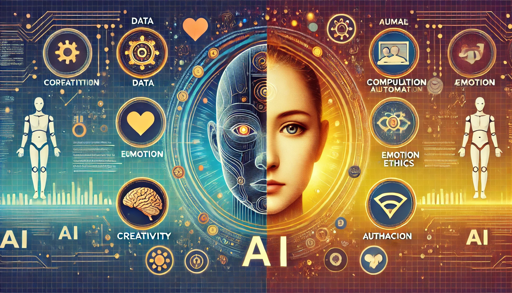 AIと人間の顔が融合した図と、それぞれの得意・苦手を示すアイコンが配置された画像