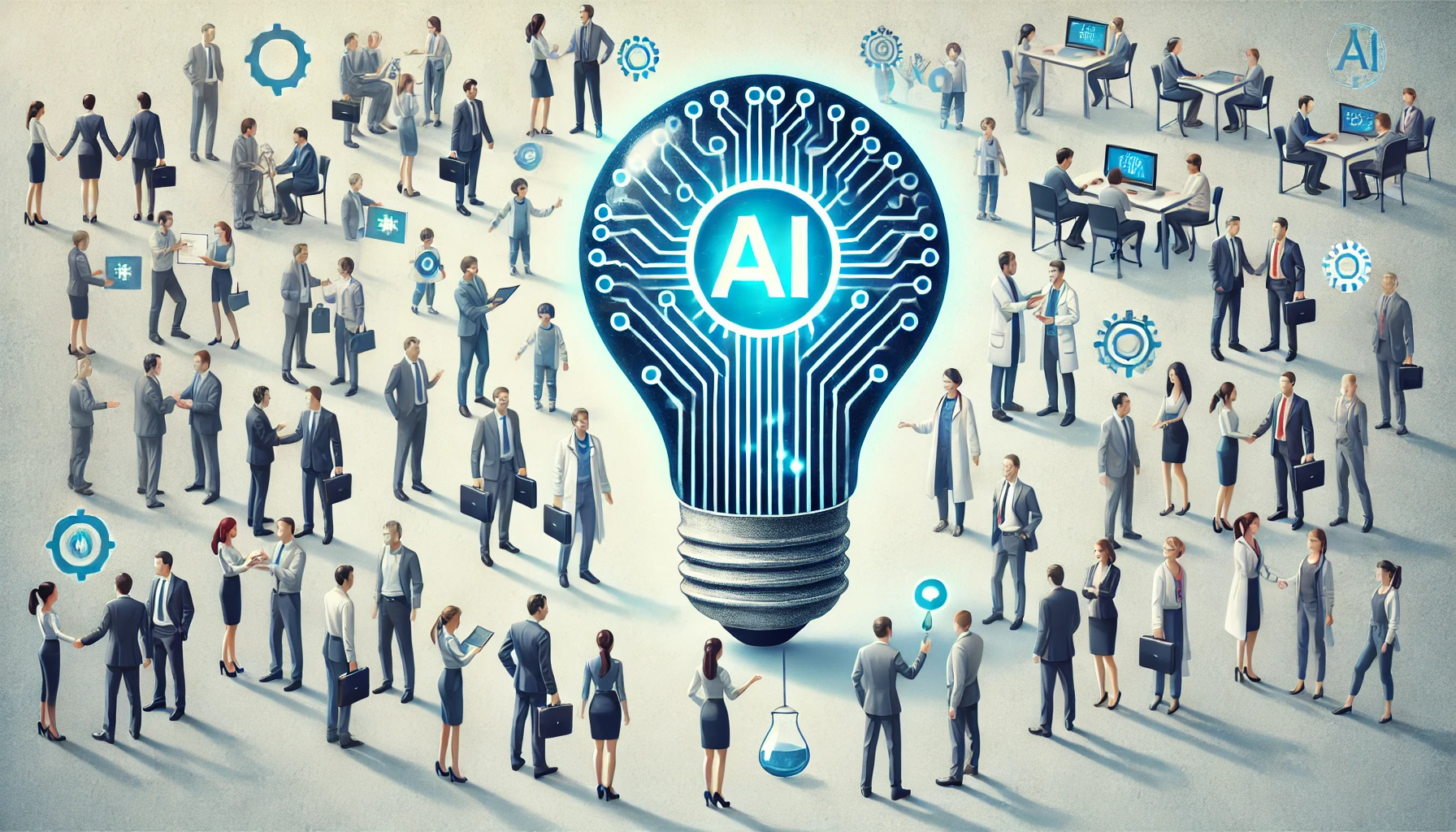 人間とAIの協働を表す電球と多様な職業の人々のイラスト