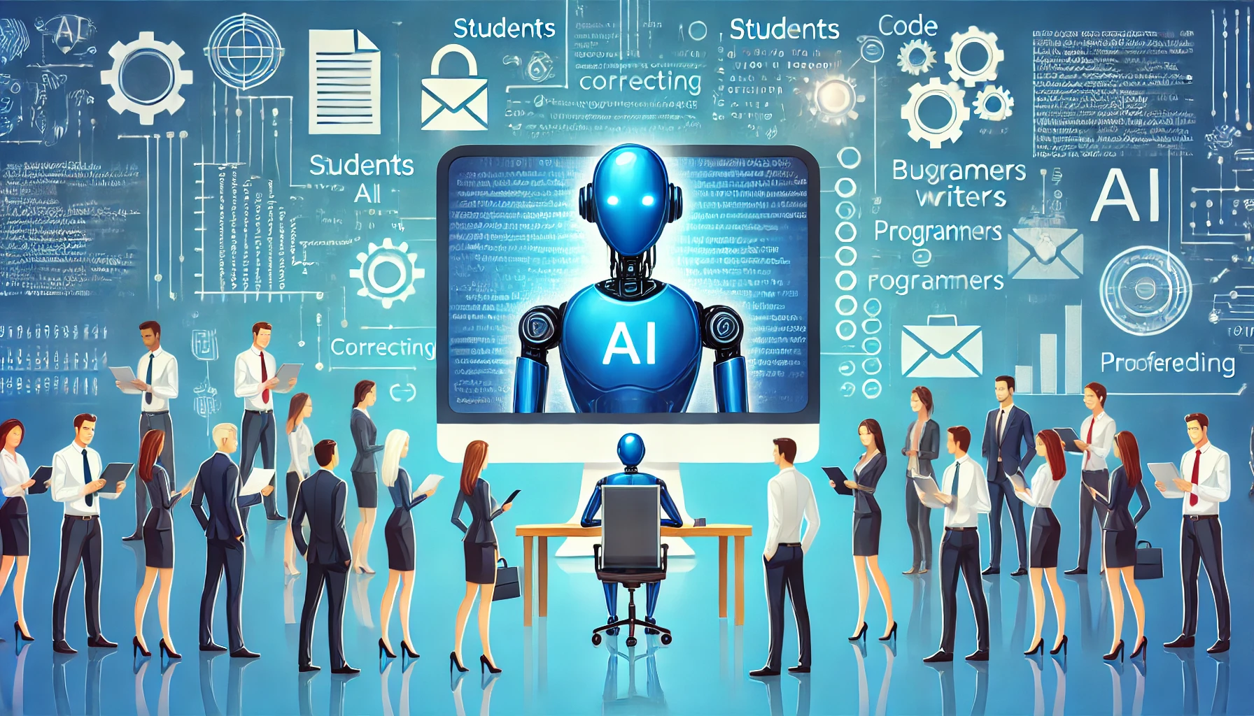AIによる添削をコンピューター画面で見る多様な職業の人々のイラスト