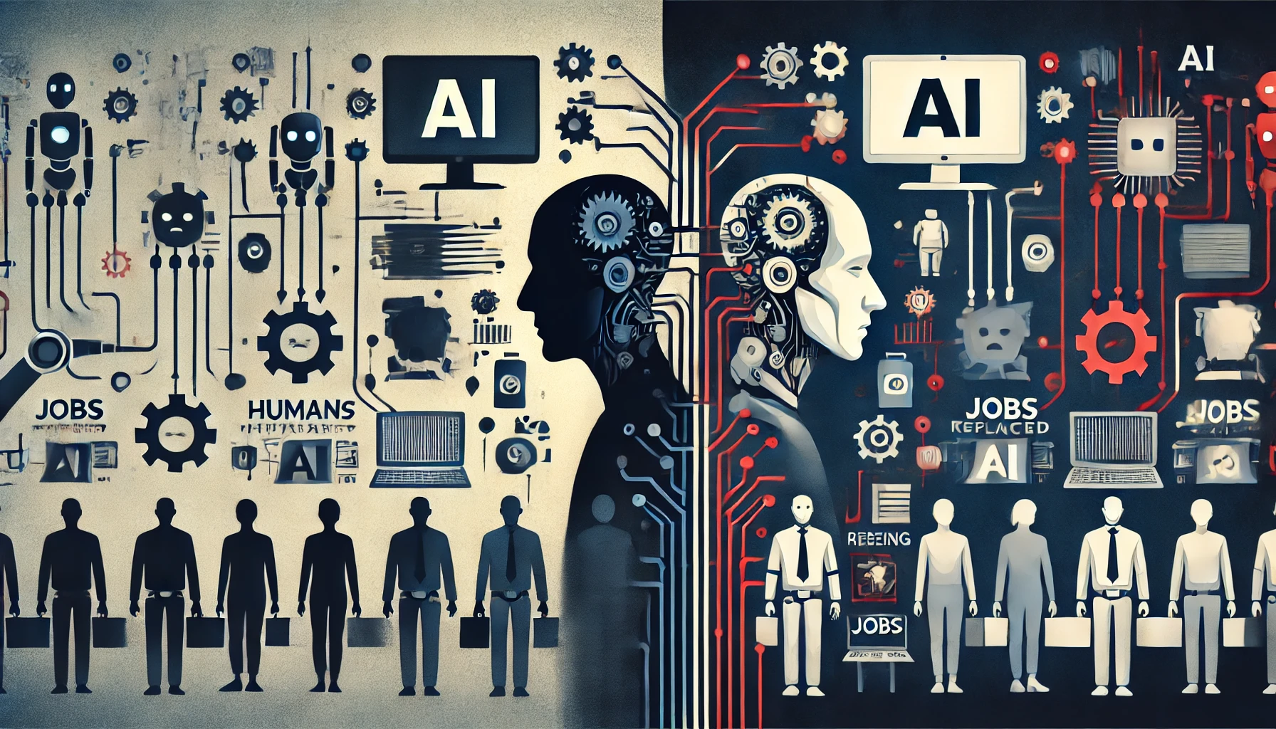 人間とAIの対比を示し、AIのデメリットを象徴的に表現した未来的な風景