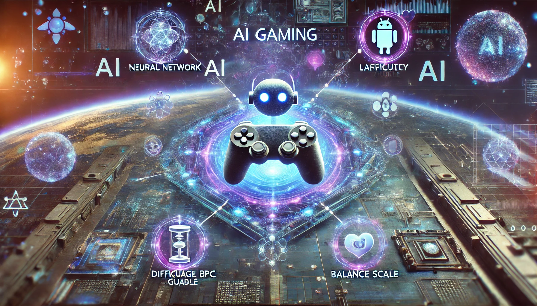 AIゲーム技術を象徴するアイコンが、未来的なゲームコントローラーを中心に回る幻想的な風景