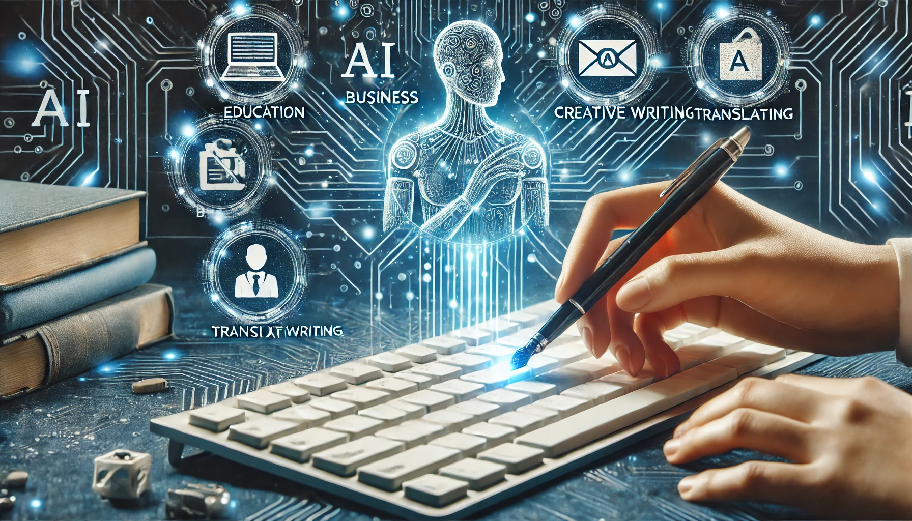 光の筆を操る人間の手とAI作文の5つの活用分野を表すアイコン
