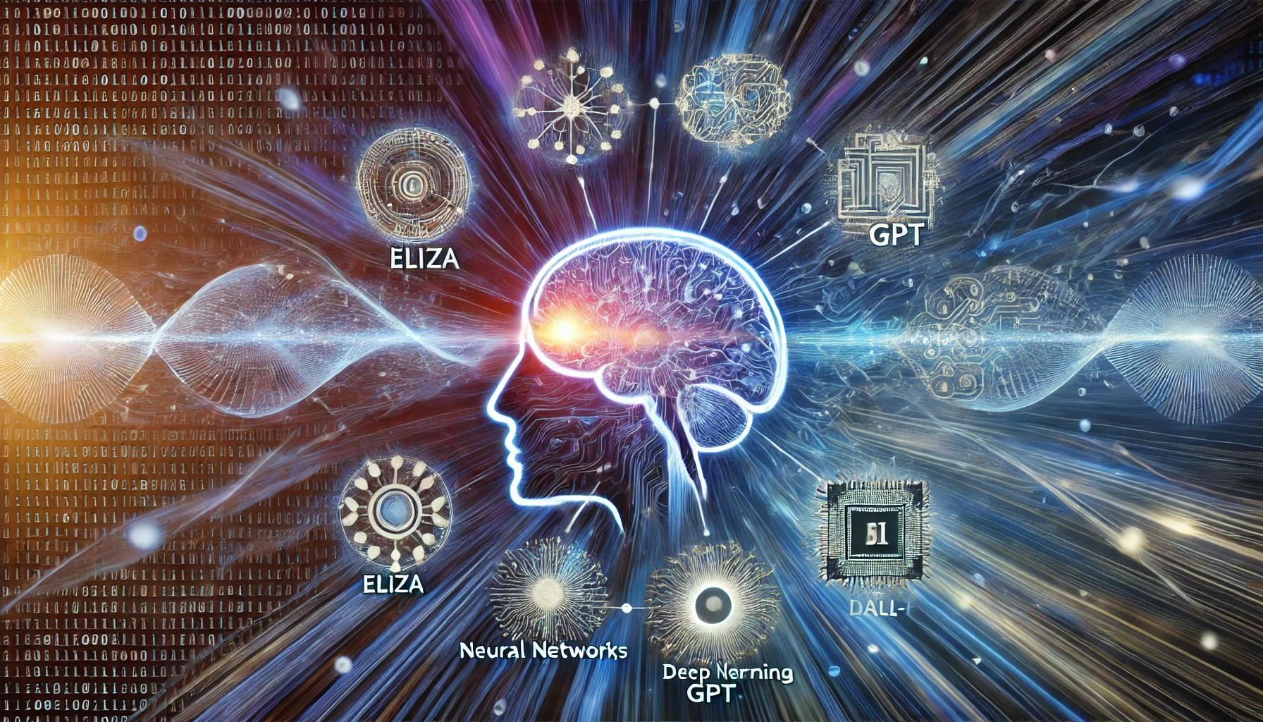 脳とチップの融合から広がる生成AI技術の歴史を表す未来的な螺旋状の図