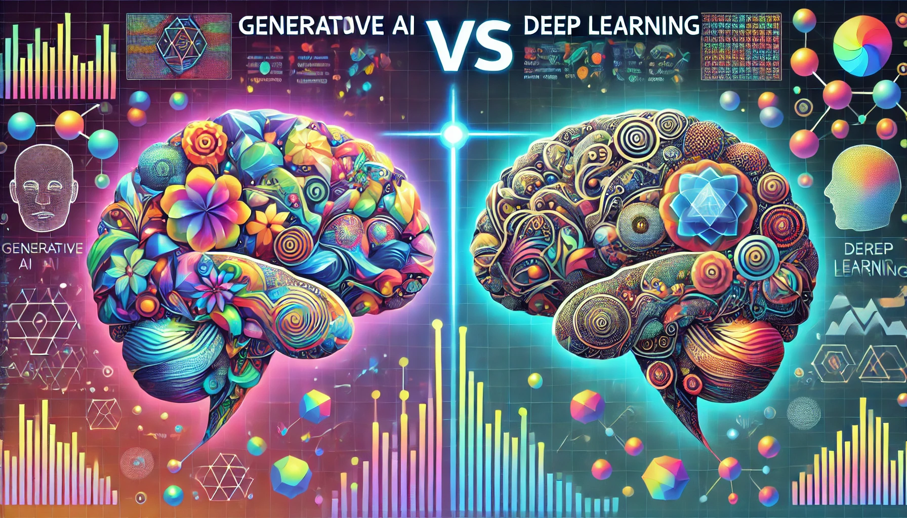 生成AIとディープラーニングを表す2つの脳のイラスト。創造性と学習能力の違いを視覚化。