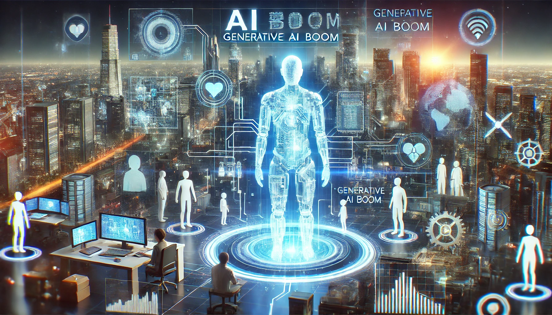 未来都市でAIロボットと人間が協力する様子。周囲に産業や生活を表すホログラムが浮かぶ。
