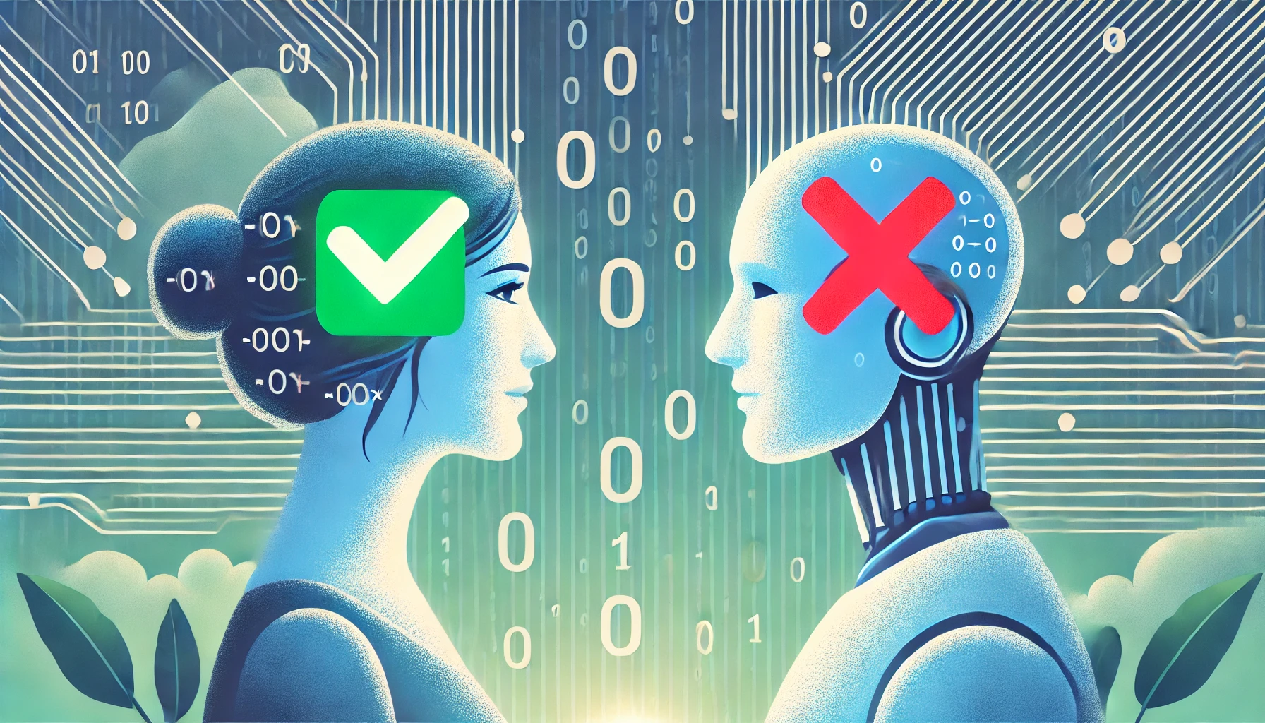 人間とAIの対話:真実と嘘を象徴するマークと、デジタル世界を表すバイナリコード