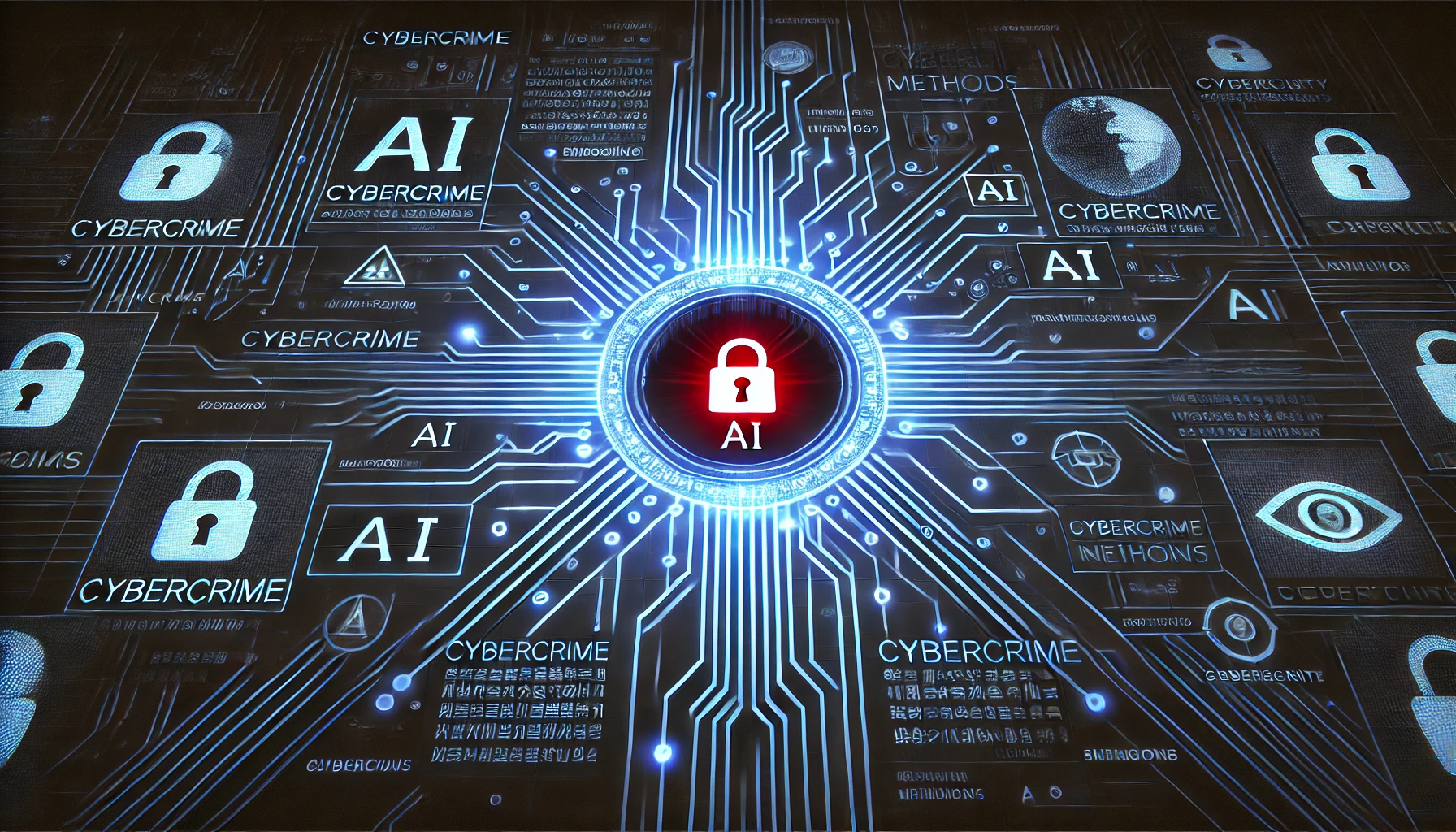 生成AI犯罪の脅威を象徴する鍵穴と警告灯、サイバー空間の中のキーワード