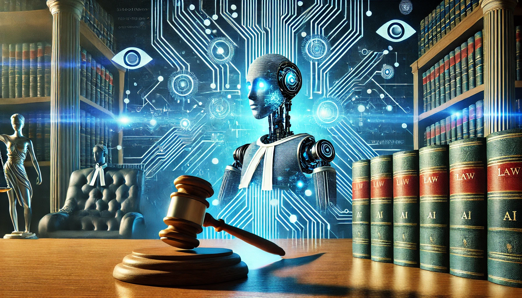 未来の法廷:AIネットワークと裁判官のガベルを持つロボットアーム