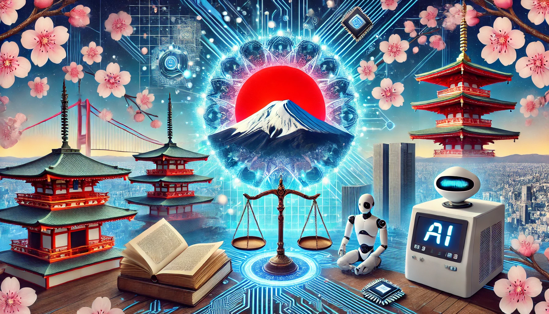 日本の伝統とAI技術の融合:規制と革新のバランスを表現した未来図