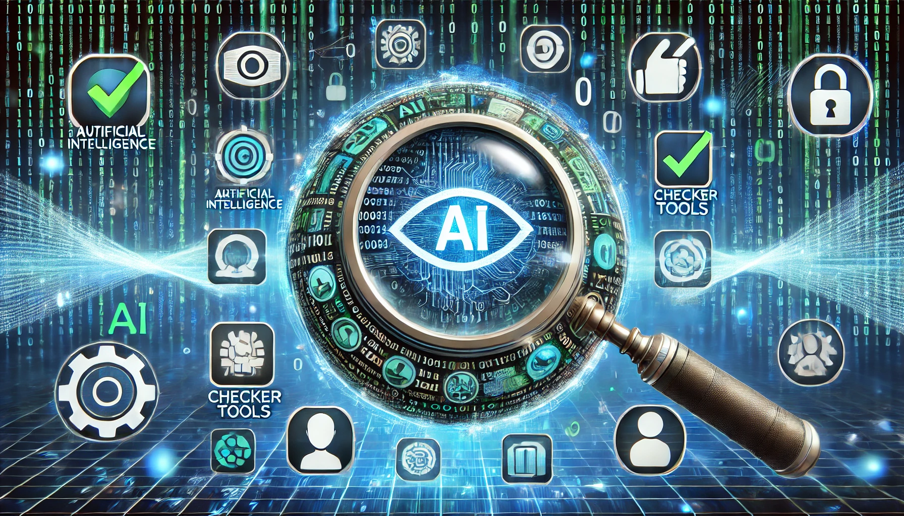 生成AIチェッカー:虫眼鏡でAIコンテンツを検査する未来的イメージ