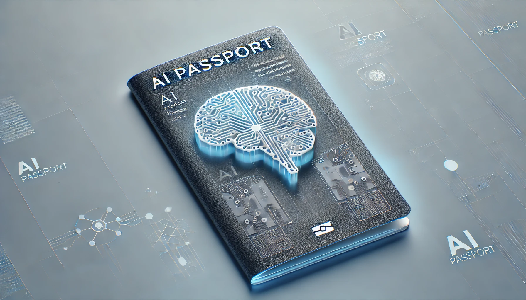 AIチップと人間の脳が融合したデザインの「AI Passport」。未来的なAI技術を象徴。