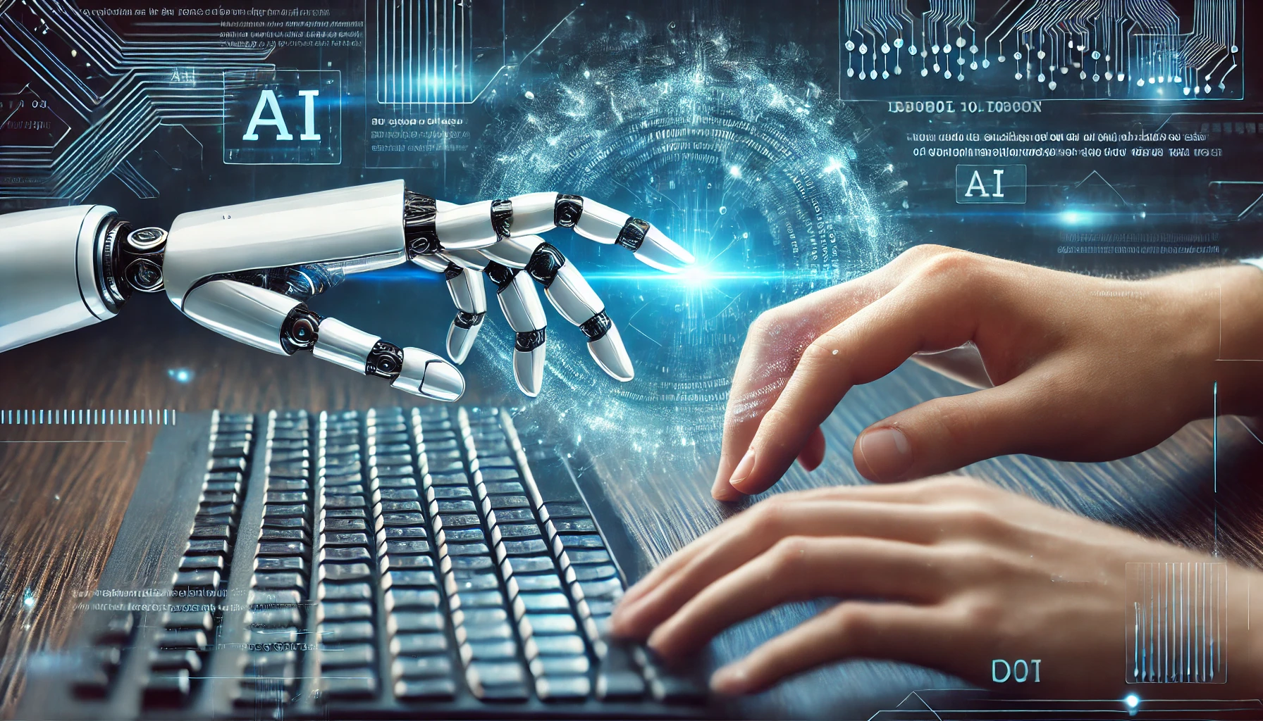 人間の手とAIのロボットハンドが、キーボードでプロンプトを入力している様子。