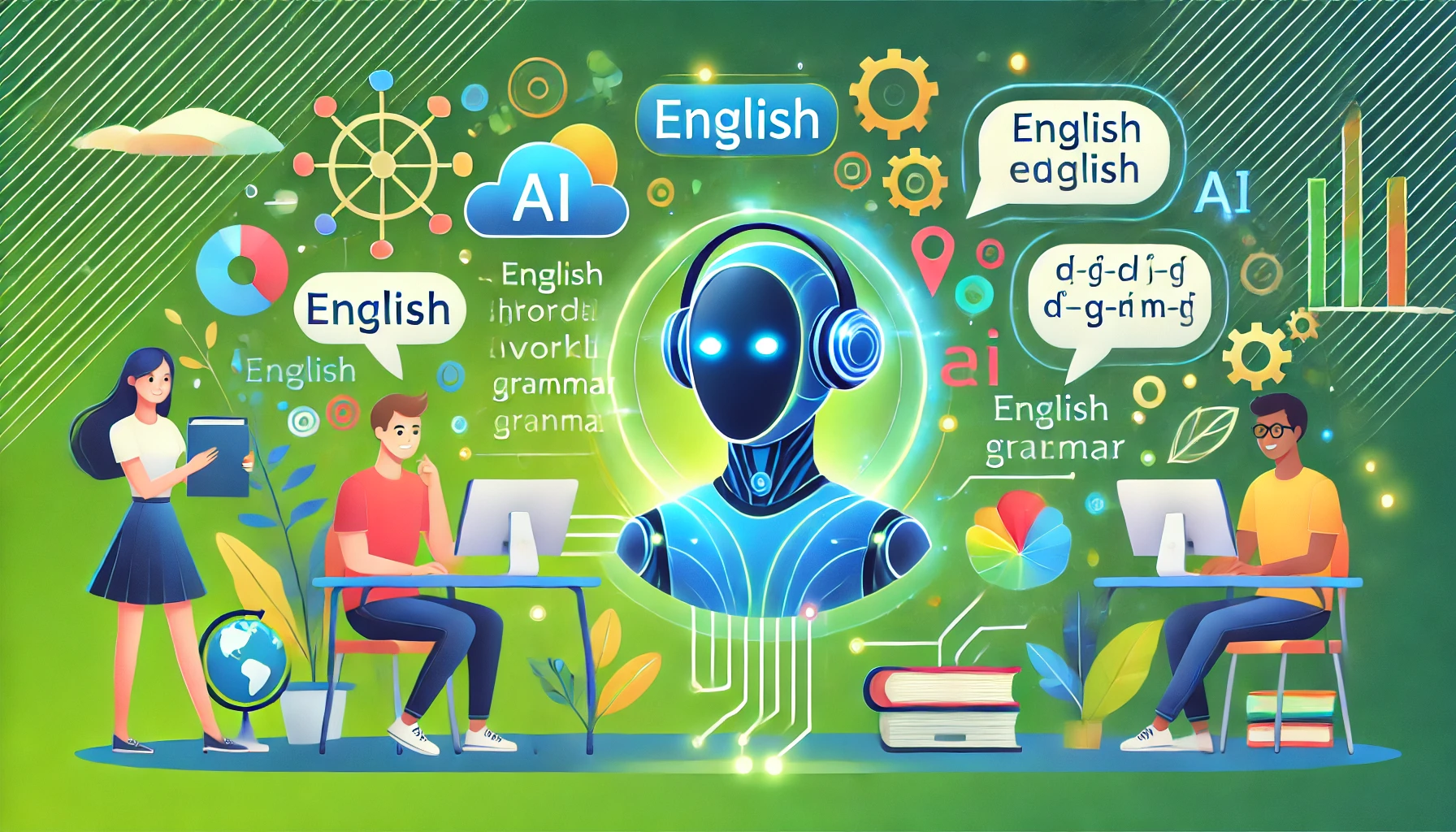 生成AIと人間が協力して英語を学ぶ様子。革新的な英語学習方法を視覚化。