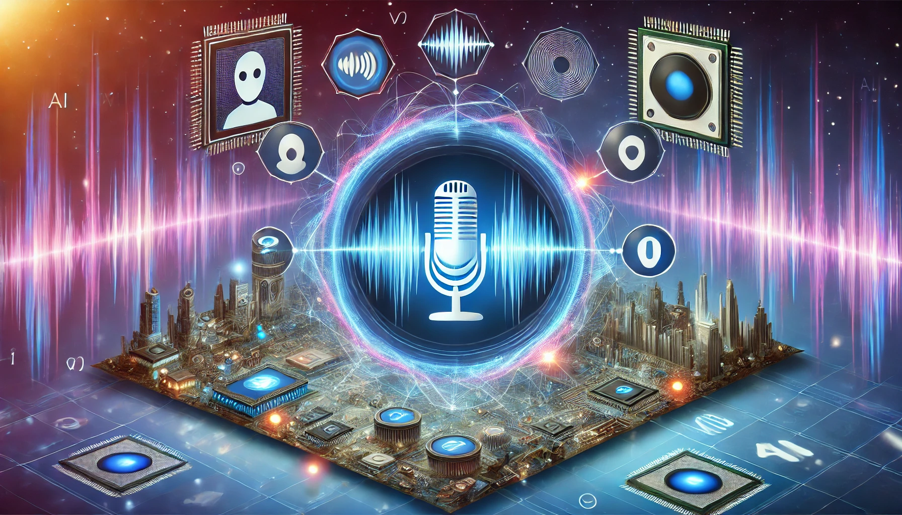 音波と7つのAI音声技術アイコンが浮かぶ未来都市のイラスト