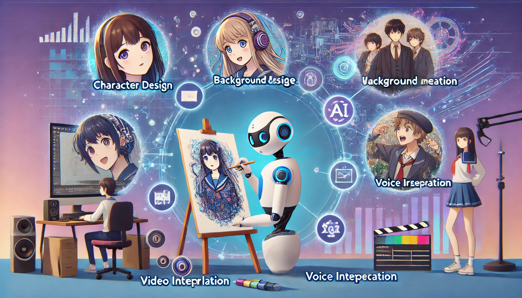 AIロボットがアニメを描き、周りに5つの革新技術アイコンが浮かぶイラスト
