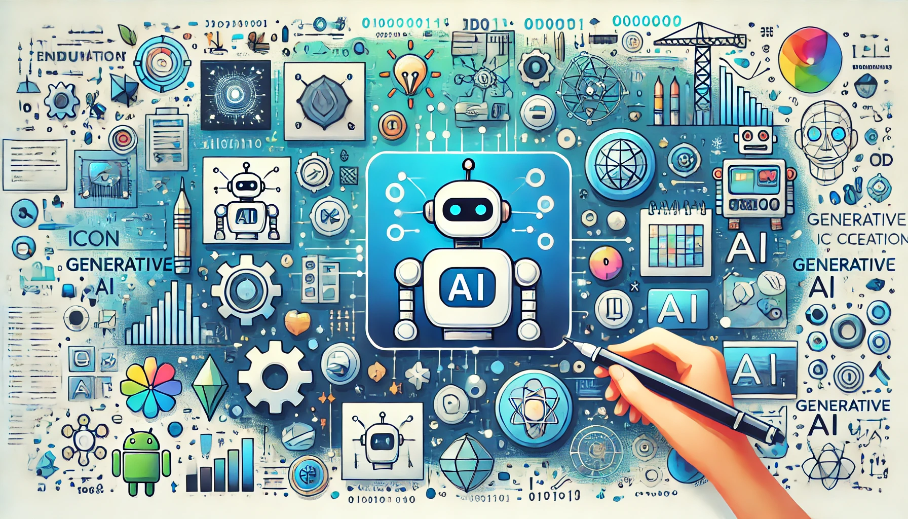 AIロボットがアイコンを作成し、周りに5種類のアイコンが浮かぶイラスト